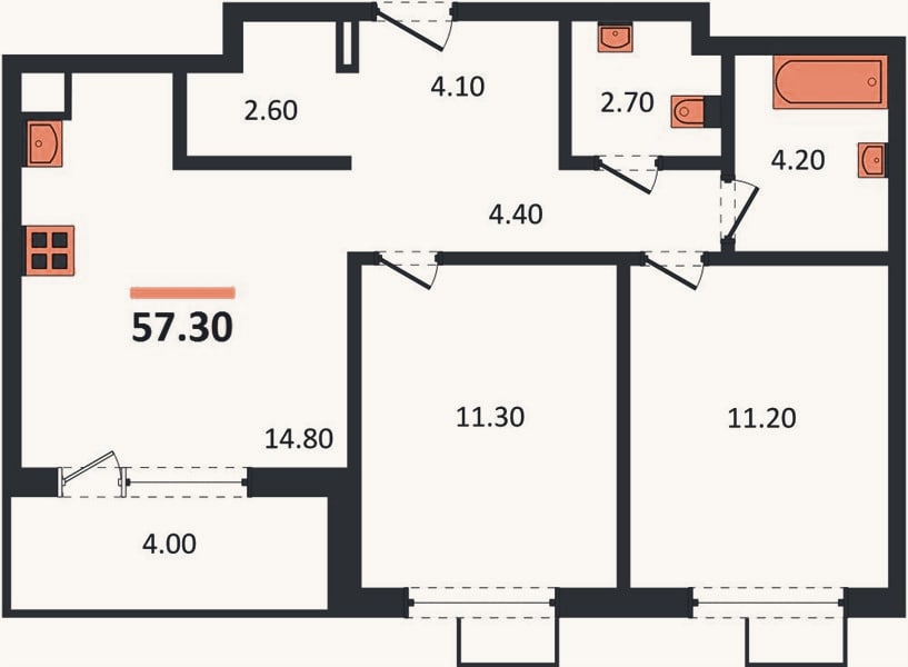 Планировка: 2-к, 57,3 м²