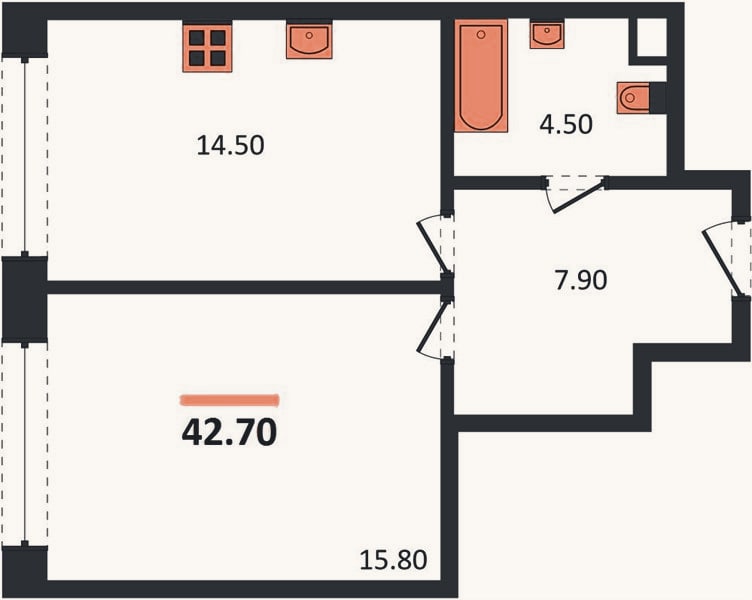 Планировка: 1-к, 42,7 м²