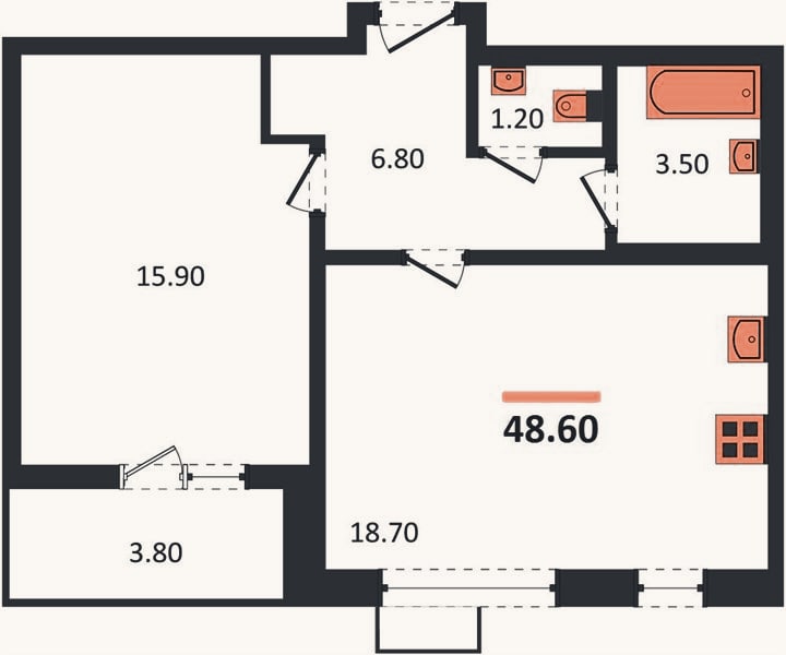 Планировка: 1-к, 48,6 м²