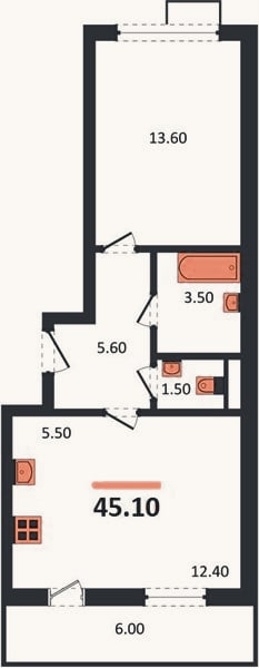 Планировка: 1-к, 44,9 м²