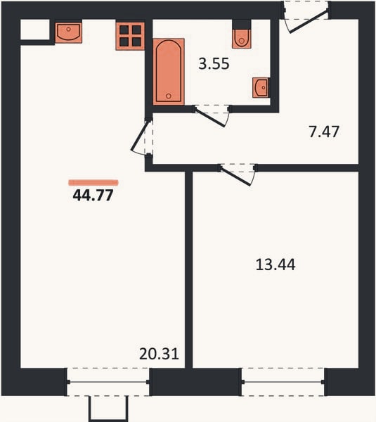 Планировка: 1-к, 44,8 м²