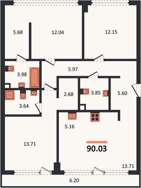 Планировка: 3-к, 90 м²