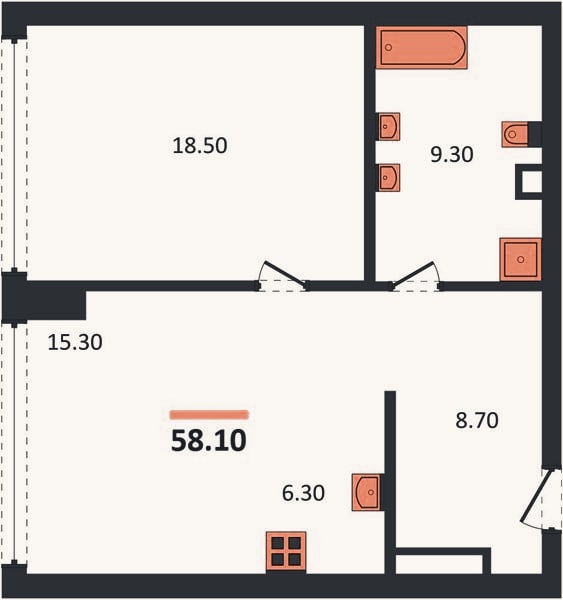 Планировка: 1-к, 58,1 м²