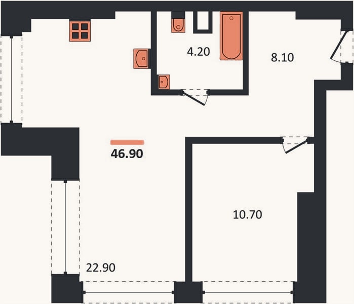 Планировка: 1-к, 45,9 м²