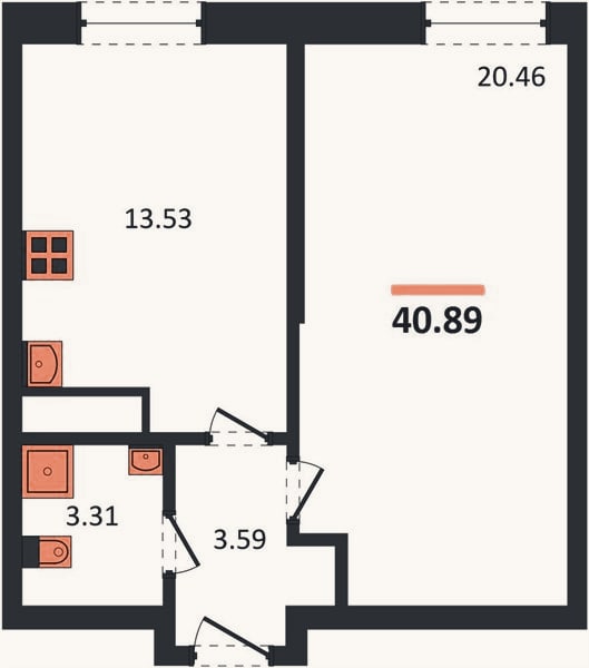 Планировка: 1-к, 40,9 м²