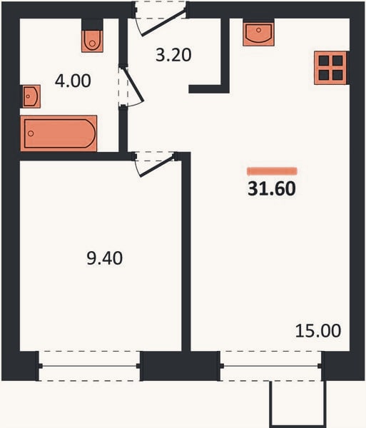 Планировка: 1-к, 31,6 м²