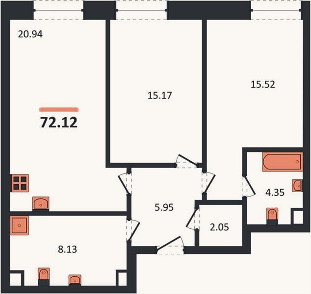 Планировка: 2-к, 72,1 м²