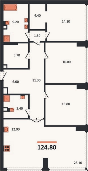 Планировка: 3-к, 124,8 м²