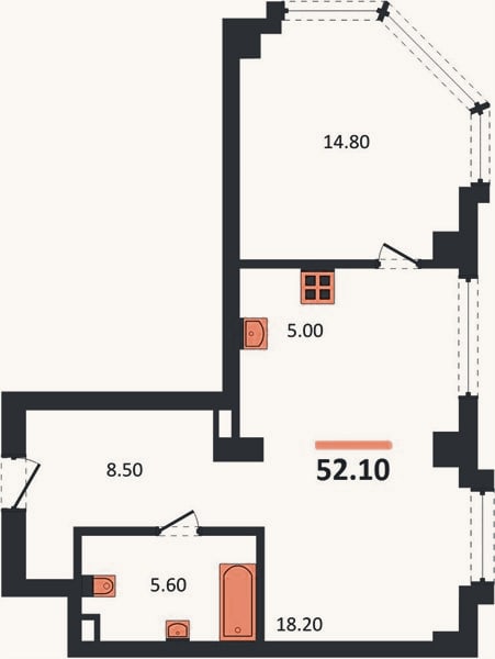 Планировка: 1-к, 52,1 м²