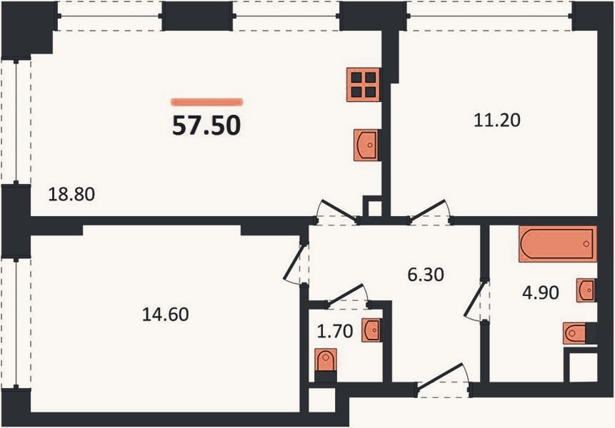Планировка: 2-к, 57,5 м²