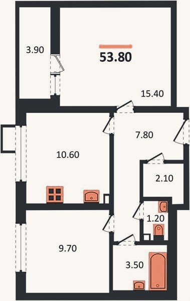 Планировка: 2-к, 53,8 м²