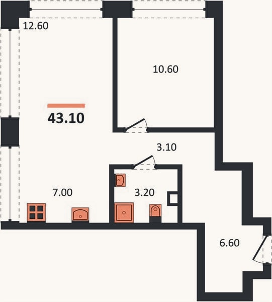 Планировка: 1-к, 43,5 м²