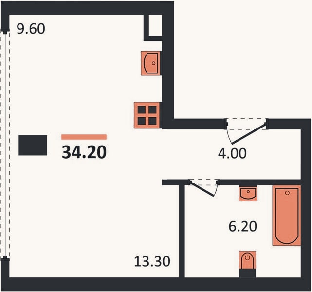 Планировка: Студия, 34,2 м²