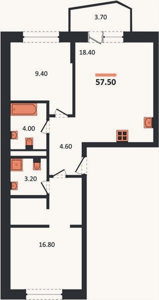 Планировка: 2-к, 57,5 м²