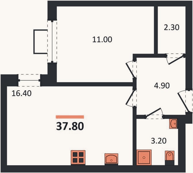 Планировка: 1-к, 37,8 м²