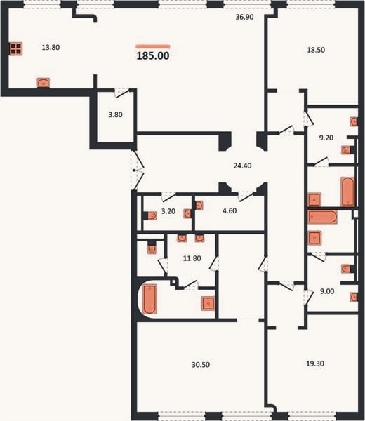 Планировка: 3-к, 185 м²
