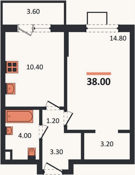 Планировка: 1-к, 38 м²