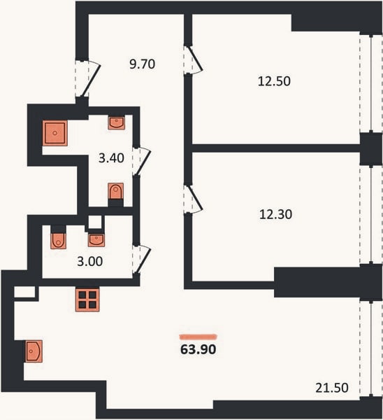 Планировка: 2-к, 63,9 м²