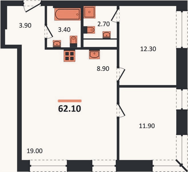 Планировка: 2-к, 62,1 м²