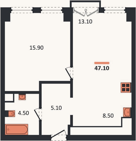 Планировка: 1-к, 47,1 м²
