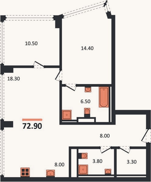 Планировка: 2-к, 72,9 м²