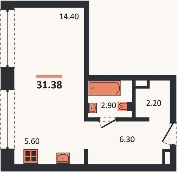 Планировка: Студия, 31,4 м²