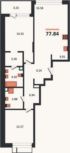Планировка: 2-к, 77,8 м²