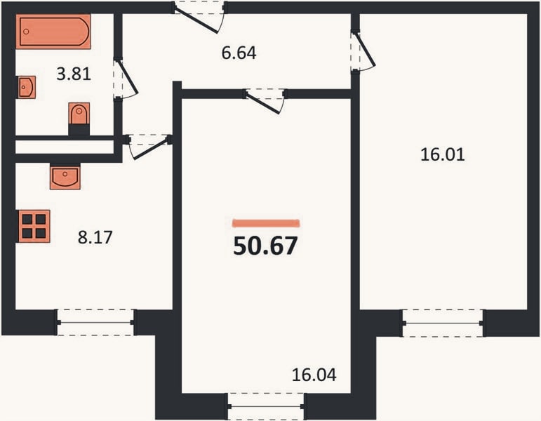 Планировка: 2-к, 50,7 м²