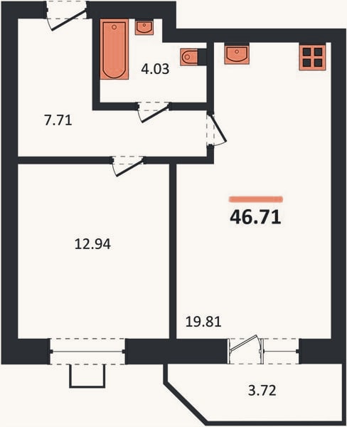 Планировка: 1-к, 46,7 м²