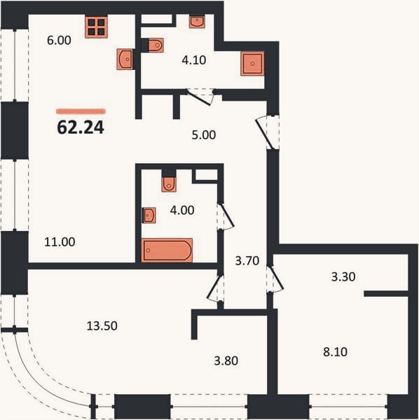 Планировка: 2-к, 62,2 м²