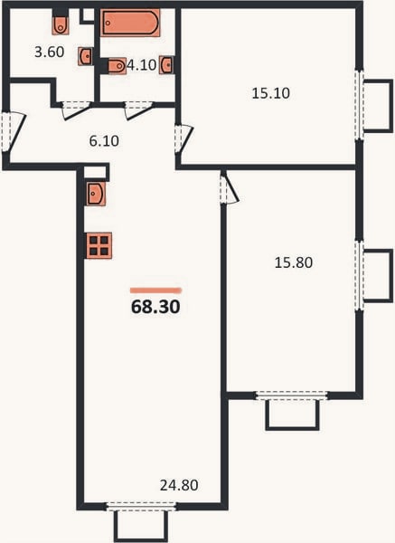 Планировка: 2-к, 68 м²