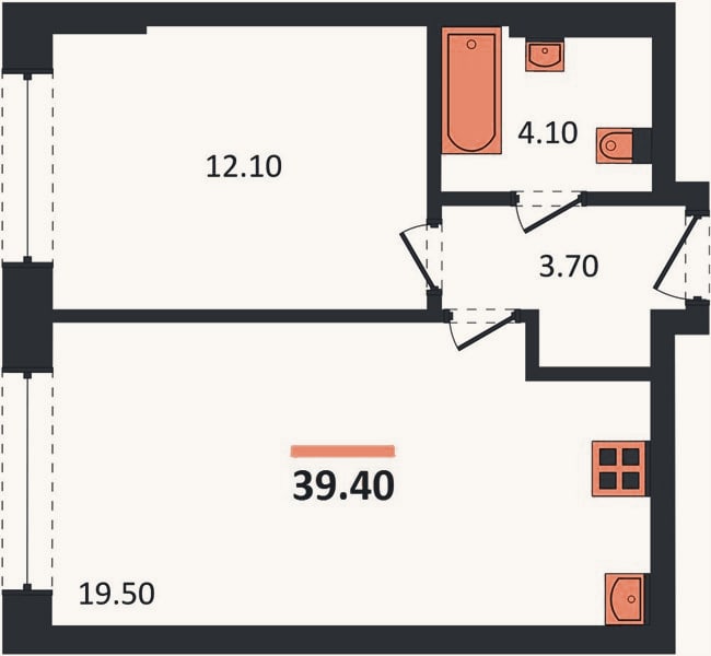 Планировка: 1-к, 39,4 м²
