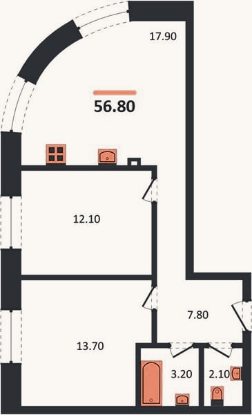 Планировка: 2-к, 55,1 м²