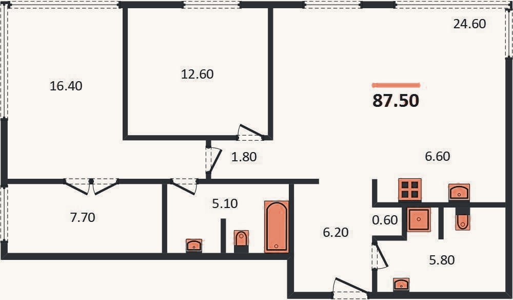 Планировка: 2-к, 87,5 м²