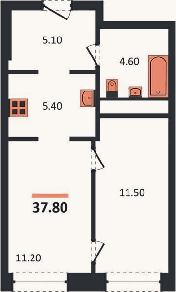 Планировка: 1-к, 37,8 м²