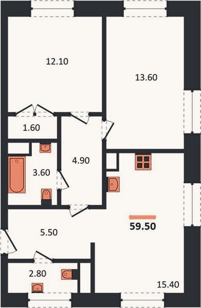 Планировка: 2-к, 59,5 м²