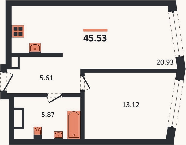 Планировка: 1-к, 45,5 м²