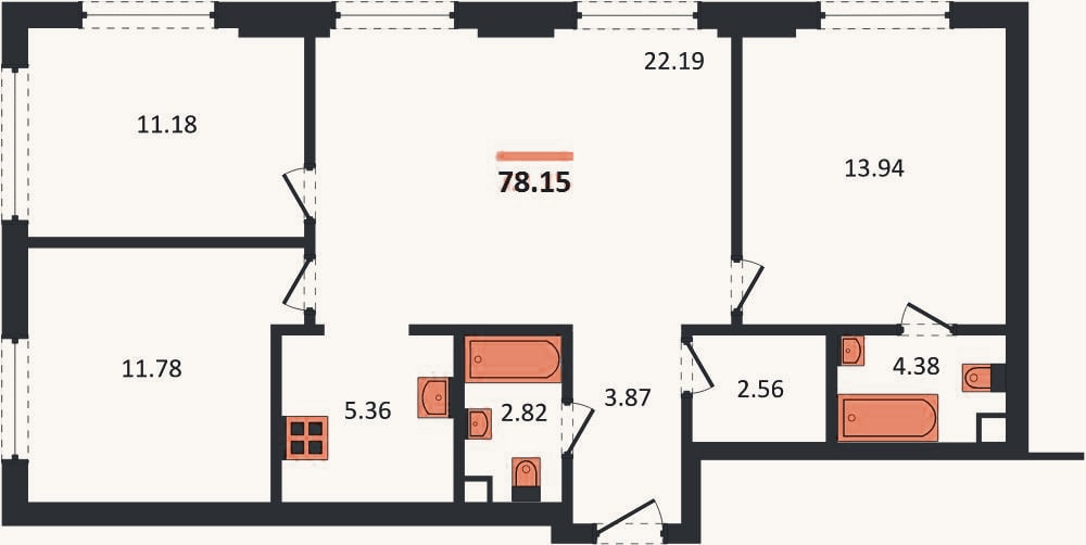 Планировка: 3-к, 78,2 м²
