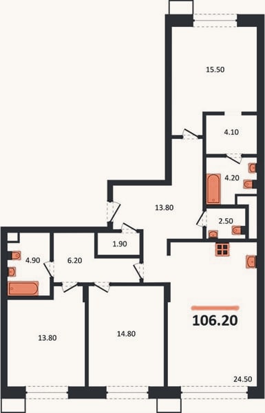 Планировка: 3-к, 106,2 м²
