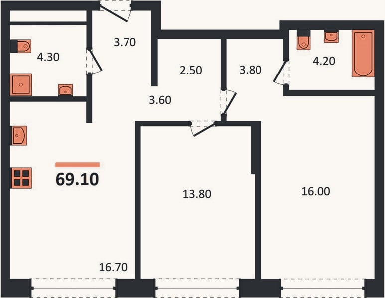 Планировка: 2-к, 69,1 м²