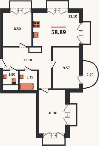 Планировка: 3-к, 58,9 м²