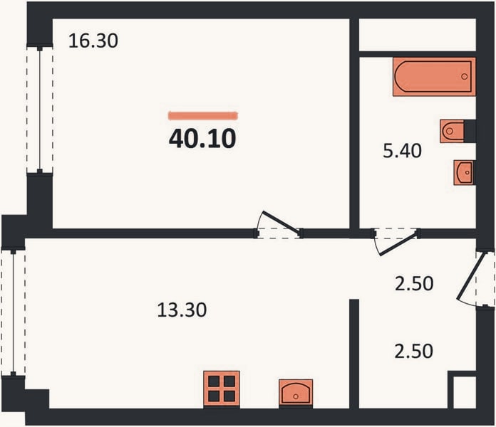 Планировка: 1-к, 40,1 м²