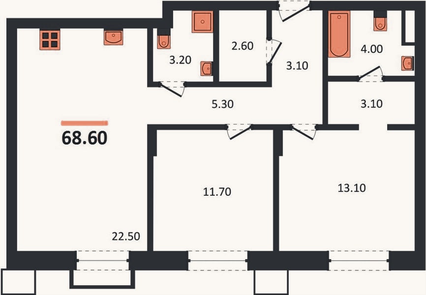 Планировка: 2-к, 68,6 м²