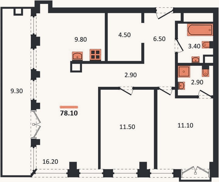 Планировка: 3-к, 78,1 м²