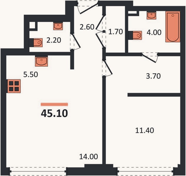 Планировка: 1-к, 45,1 м²