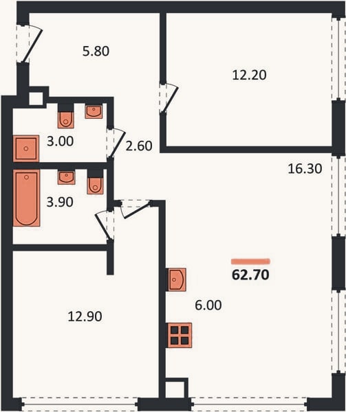 Планировка: 2-к, 62,7 м²