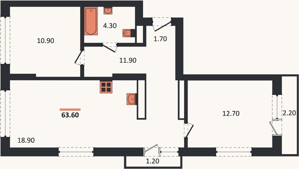 Планировка: 2-к, 63,6 м²