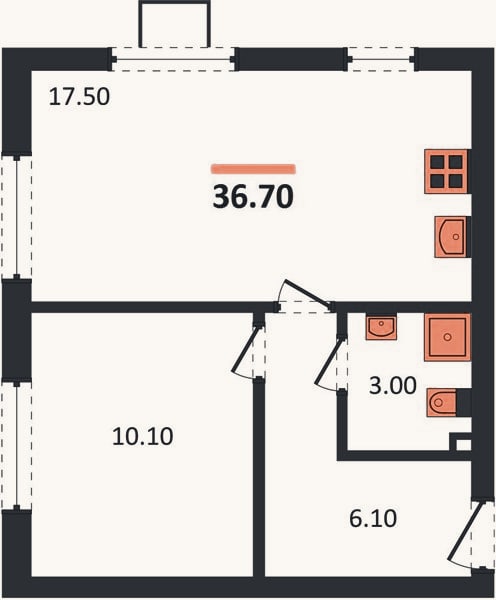 Планировка: 1-к, 36,7 м²