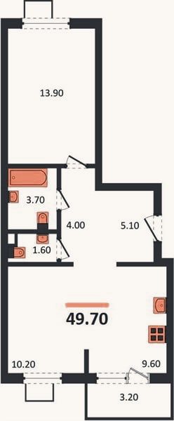 Планировка: 1-к, 49,7 м²