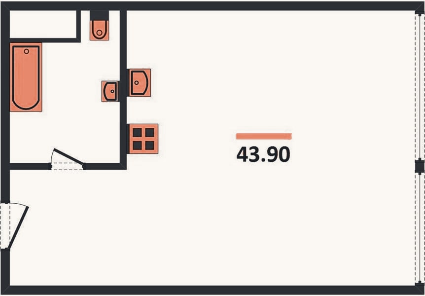 Планировка: 1-к, 43,9 м²
